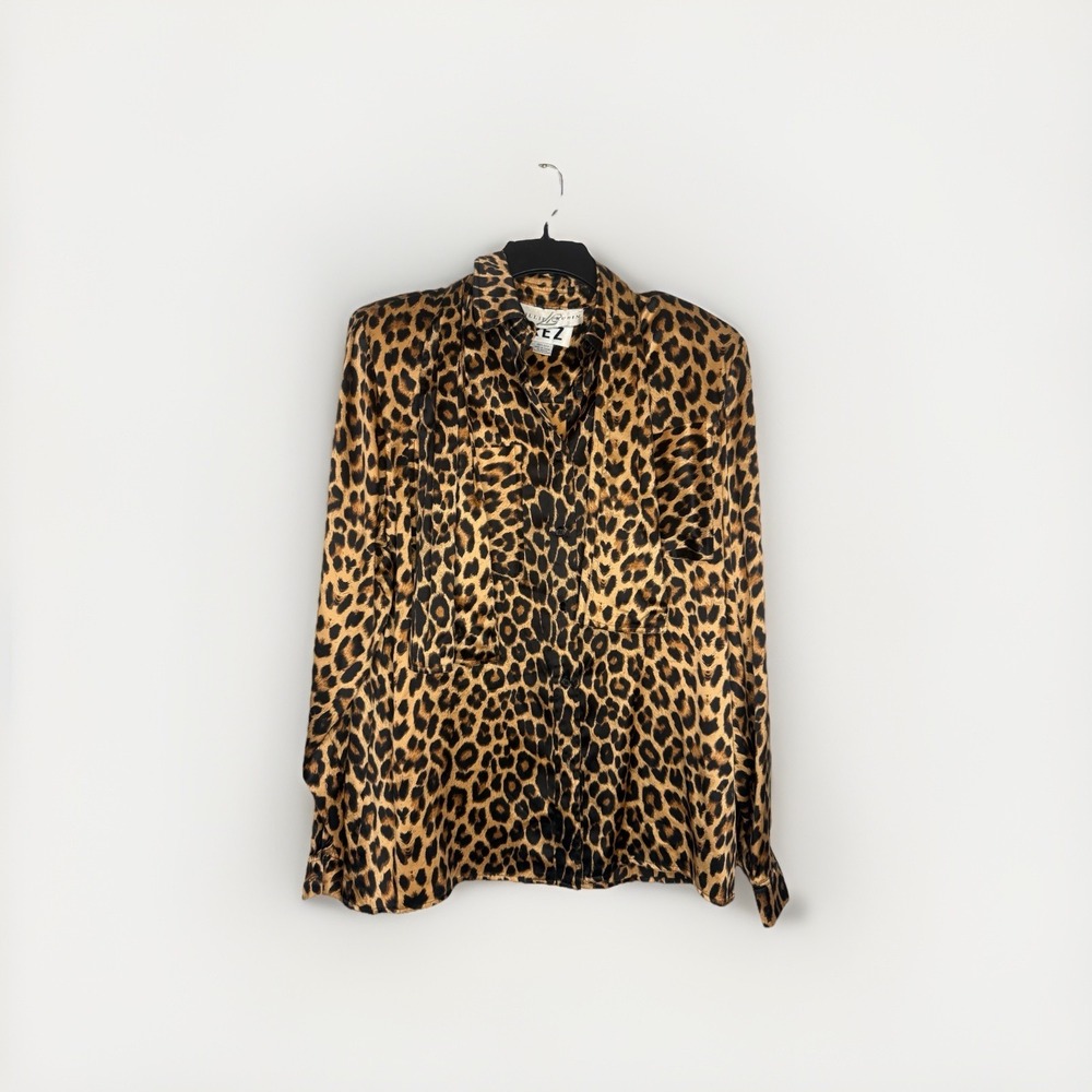 Erez Lillie Rubin Leopard Silk Top 80s vintage Shoulder Pads Size 14 Tie